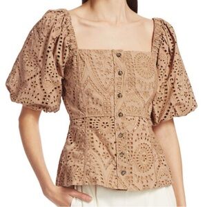 Ganni Tan Eyelet Button-Up Top
